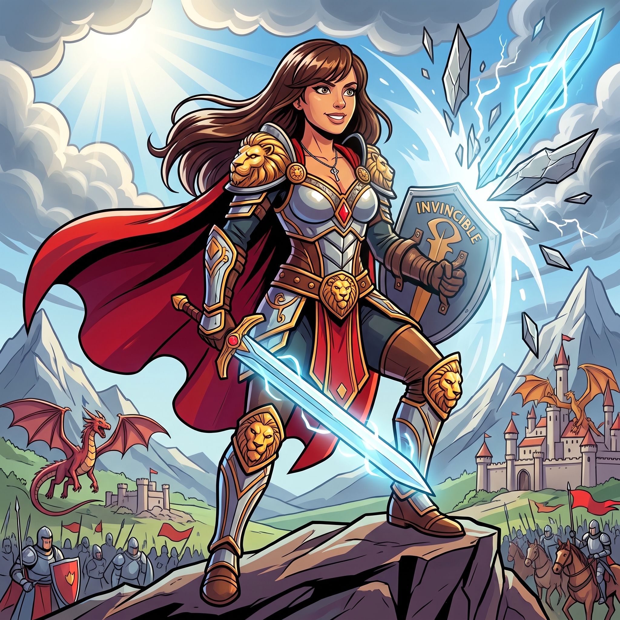 Illustrated heroic woman with a shield